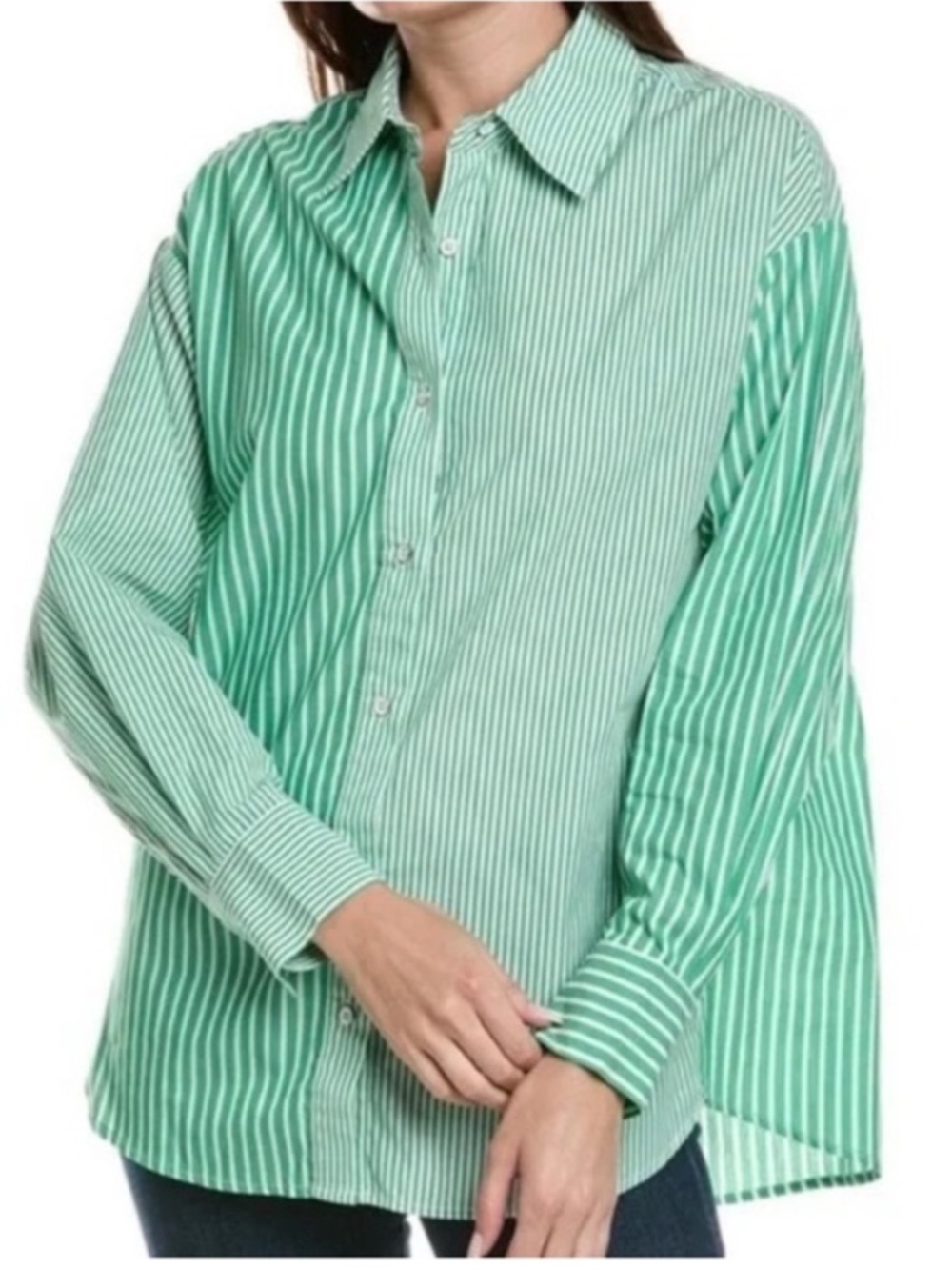 Cabi green white stripe Dad shirt long sleeves size XL